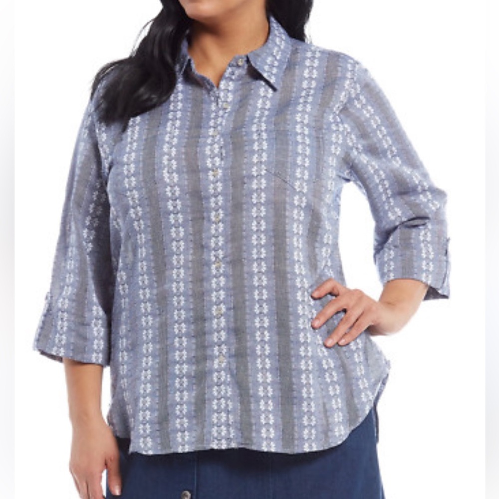 Allison Daley Chambray Floral Button Front Tunic Top Sz M